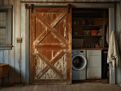 Barn Door Is Open In A Room With An Old Washer And Dryer