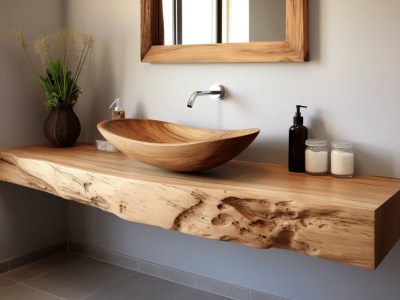 Bathroom Counter Made From Wood With A Stone Sink