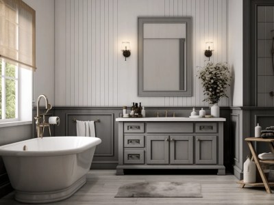 Bathroom In Gray And White With A Sink, Tub And Tub Surround