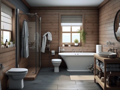 Bathroom Is Decorated With Rustic Wood Floors