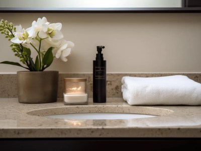 Bathroom Sink And Towel In A Bathroom With A Bouquet Of White Flowers