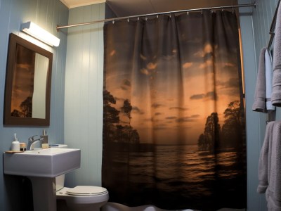 Bathroom With A Blue Wall And A Curtain Of A Sunset