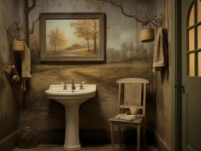 Bathroom With A Sink And Wooden Chair Under A Painting