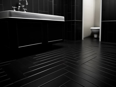 Bathroom With Black Tile Flooring And Dark Colored Paint