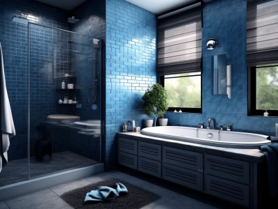 Bathroom With Blue Tile And Black Floor