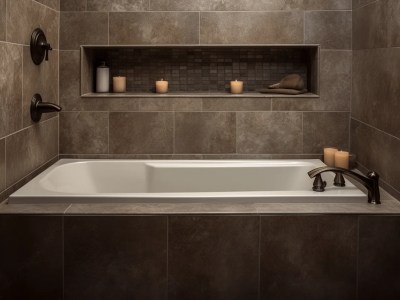 Bathroom With Brown Tile And Candles Sitting Beside The Bathtub