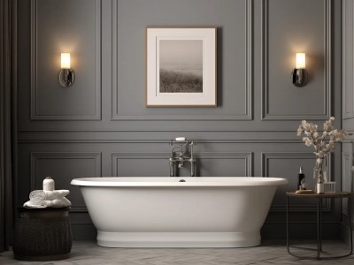 Bathroom With Gray Walls, A White Tub And Art On The Wall