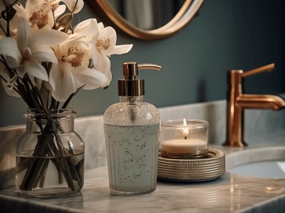 Bathroom With Soap Dispensers, Flowers And Mirror