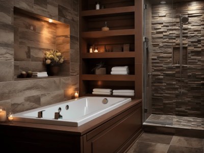 Bathroom With Wooden Shelves That Leads Into The Tub