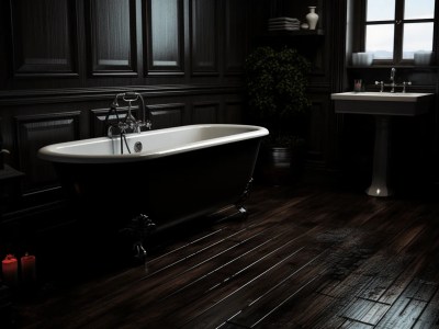 Bathtub In A Room With Dark Wood Flooring