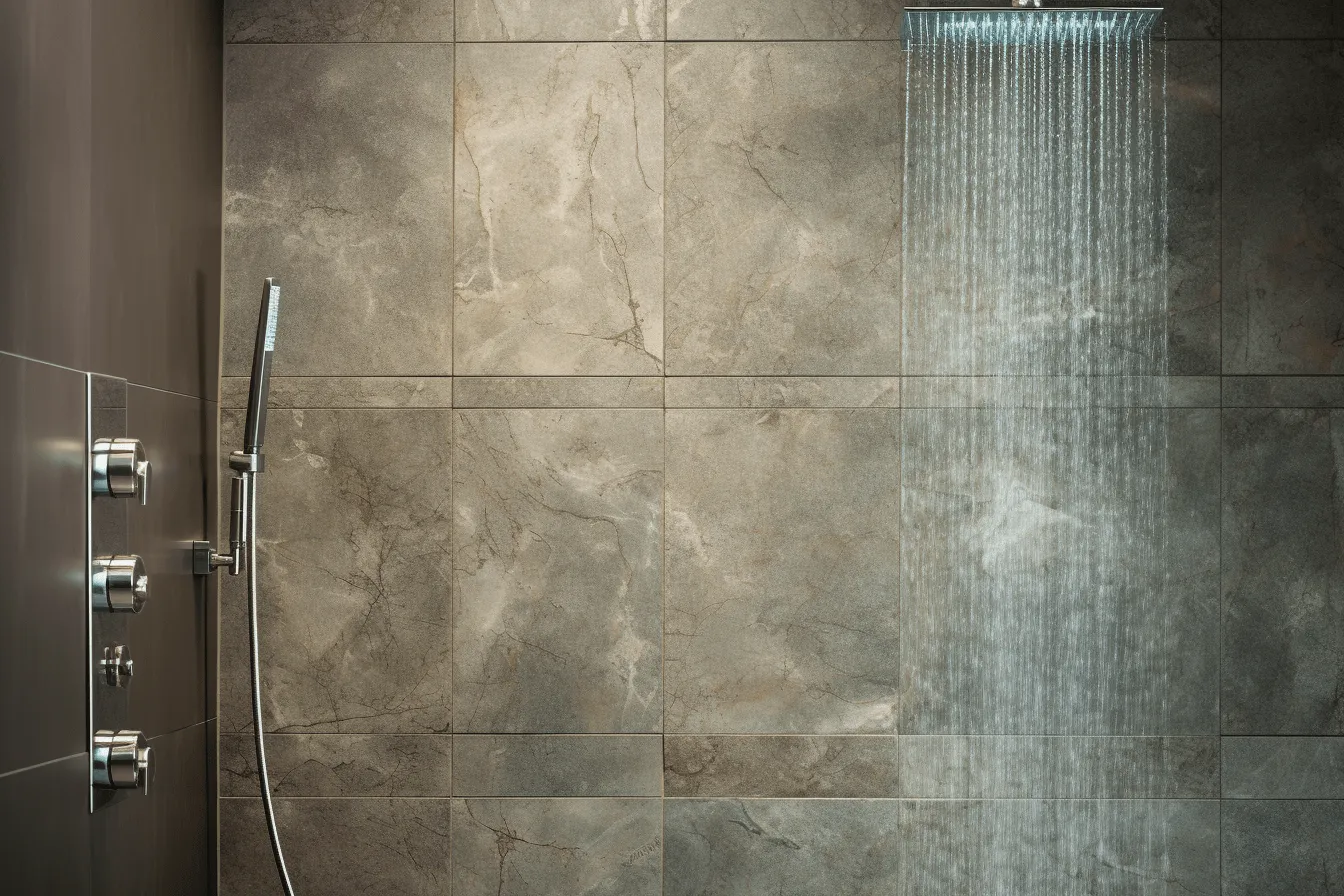 Head and head in a bathroom, detailed background elements, luminosity of water, dark beige and gray, topographic photography, stone, abrupt, use of traditional techniques