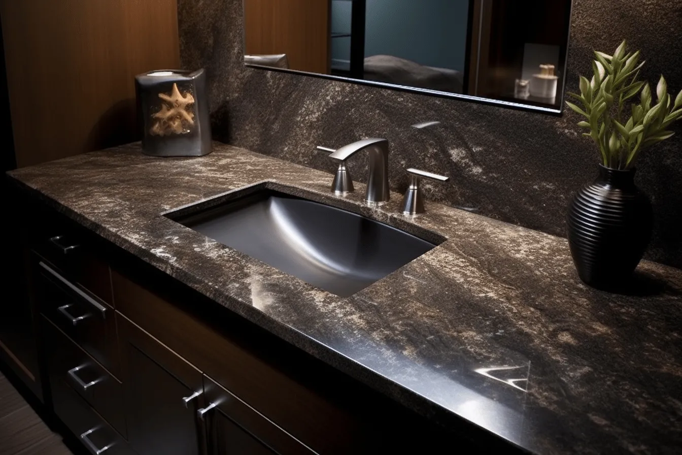 Granite vessel sink for a luxury bathroom, liquid metal, dark bronze and gray, subtle lighting contrasts, asymmetrical framing, tabletop photography, precisionist style, softly organic