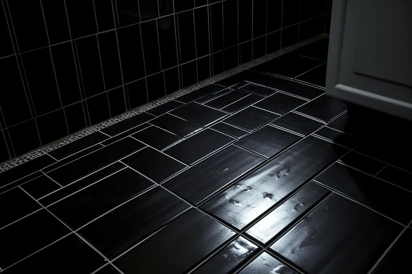 Dirty floor tile, film noir-inspired, volumetric lighting, elongated and dramatic, solarization, dark black and indigo, high-angle, shiny/glossy