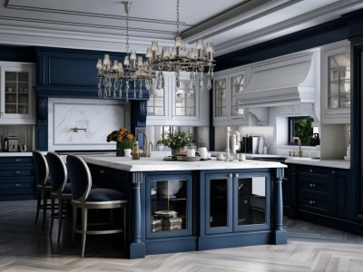 Beautiful Blue And White Kitchen With Island And Lighting