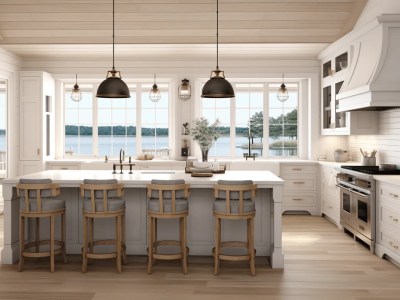 Beautiful Kitchen With A Wood Floor And A View Of Water