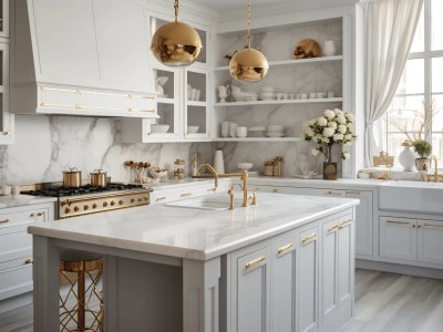 Beautiful Kitchen With Gold, Marble And Wooden Kitchen Cabinets