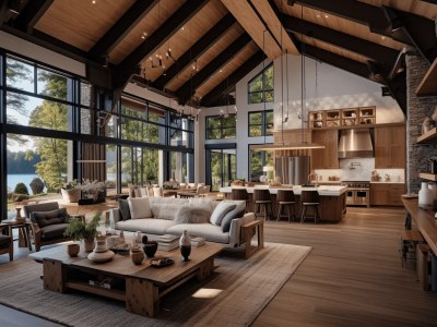 Beautiful Living Room, Dining Room And Kitchen Of A Modern Log Cabin Design