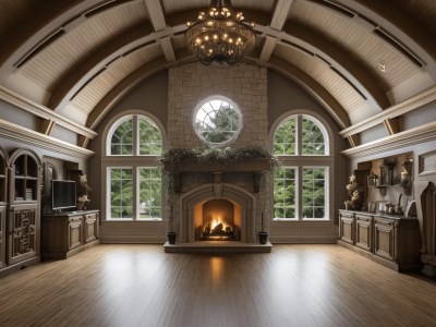 Beautiful Living Room With A Fireplace And High Arches