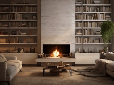 Beautiful Living Room With A Fireplace, Lamps, And A Large Book Shelf