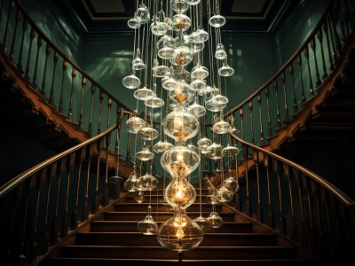 Beautiful Staircase That Has Some Bulb Lights Hanging From It