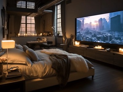 Bed, Tv And Lights In The Middle Of A Bedroom