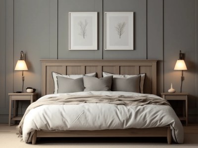 Bed, Wall And A Lamp In A Bedroom In Dark Gray Color