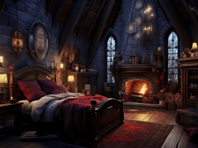 Bedroom In A Castle Setting With A Chimney And Fireplace