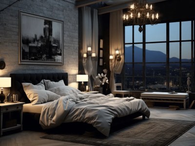 Bedroom With A Black Bed And Windows Overlooking A City