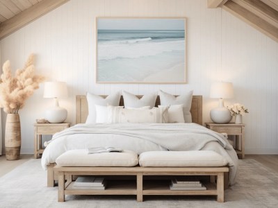 Bedroom With A White Bed, Wood Panels And A Piece Of Art