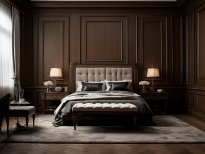 Bedroom With Brown Wood Walls And Dark Brown Furnishings, A Bed And A Lamp