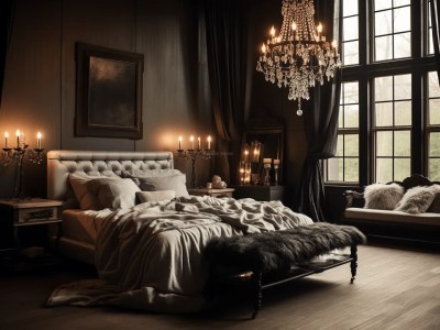 Bedroom With Dark Furniture And A Chandelier