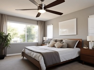 Bedroom With Window, Ceiling Fan And White Bedding