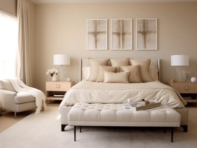 Beige Bedroom With A Bed, Stool, And White Pillows