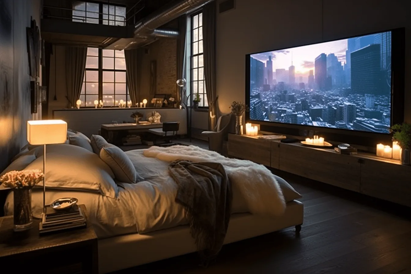 Large bedroom has a fireplace, tv, and candlelight, realistic urban scenes, installation creator, romantic riverscapes, backlit photography, rich and tonal, uhd image, urban industrialism