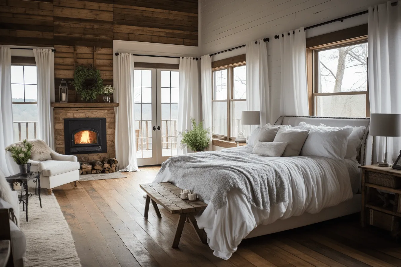 Bedroom with wood walls and wood floors, light-filled scenes, earthy palette, romanticized landscapes, prairiecore, light brown and white, solarizing master, festive atmosphere