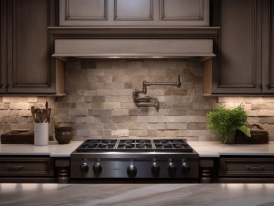 Black And Brown Kitchen With A Built In Range Hood In Front Of It