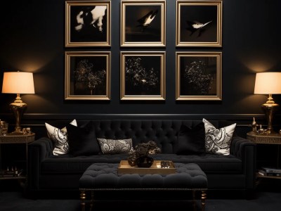 Black And Gold Living Room With Several Framed Pictures