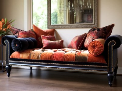 Black And Orange Sofa Is In A Room With A Window