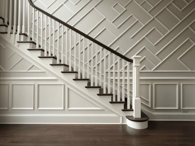 Black And Shabby Chic Stairway With Geometric Pattern In White