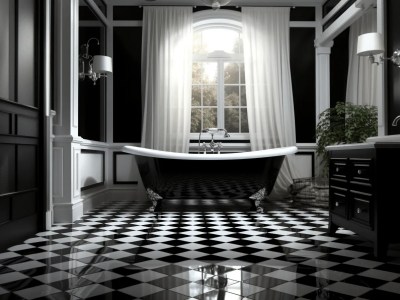 Black And White Bathroom Floor With A Chrome Tub