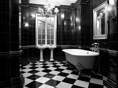 Black And White Bathroom With A Bathtub And Checkered Floor