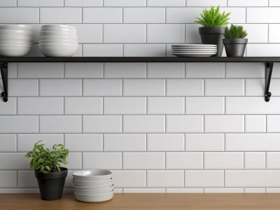 Black And White Black Tile Wall On Kitchen Countertop With Plants