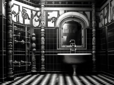 Black And White Image Of An Ornate Bathroom With Checkerboard Tiles