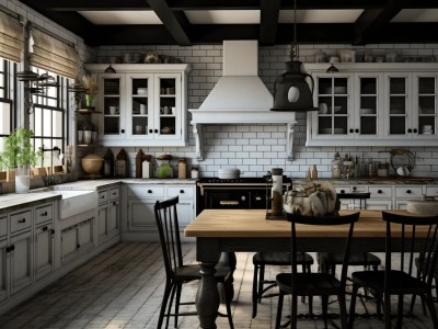 Black And White Kitchen With Several Dining Chairs