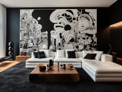 Black And White Living Room With A Beautiful Mural