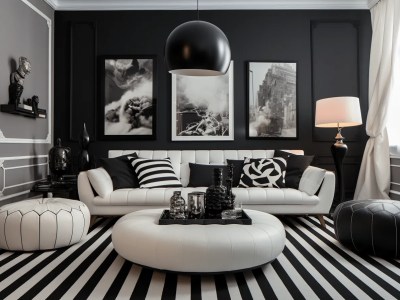 Black And White Living Room With A Black And White Rug For The Floor