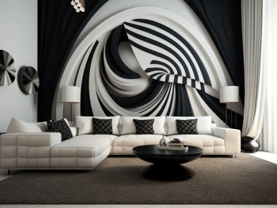 Black And White Living Room With An Abstract Mural