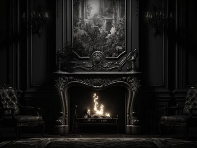 Black And White Picture Of A Fireplace In An Ornate Room