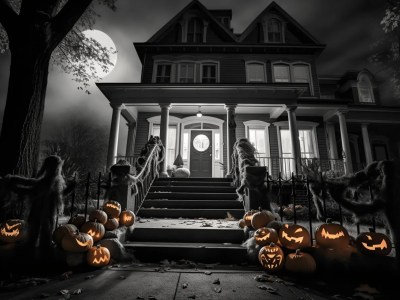 Black And White Picture Of Many Pumpkins In Front Of A House At Night