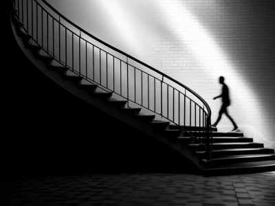 Black And White Silhouette Of Someone Walking Up A Staircase